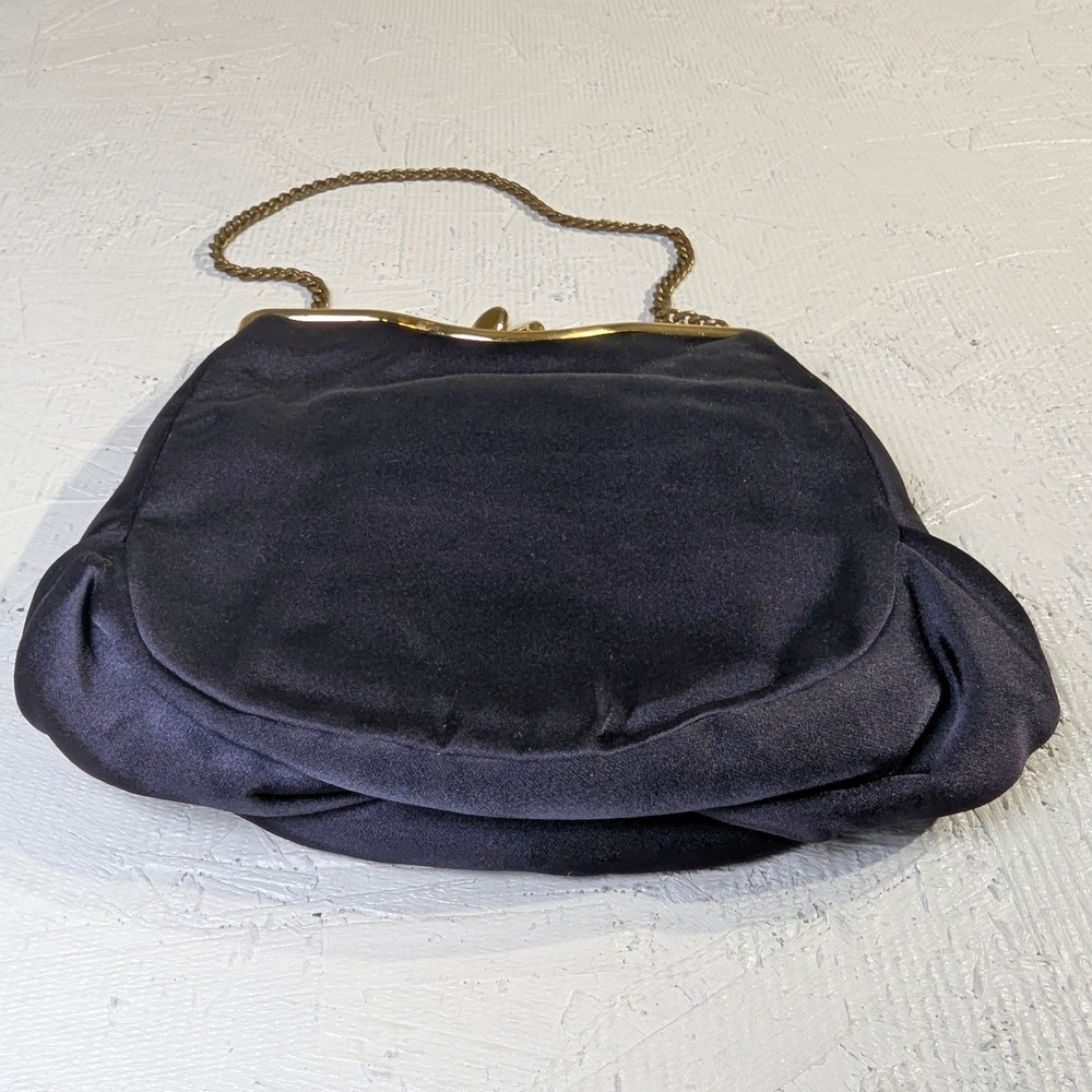 Vintage Rosenfeld Satin Evening Bag OS Navy Blue Gold Chain Clutch - Picture 3 of 12